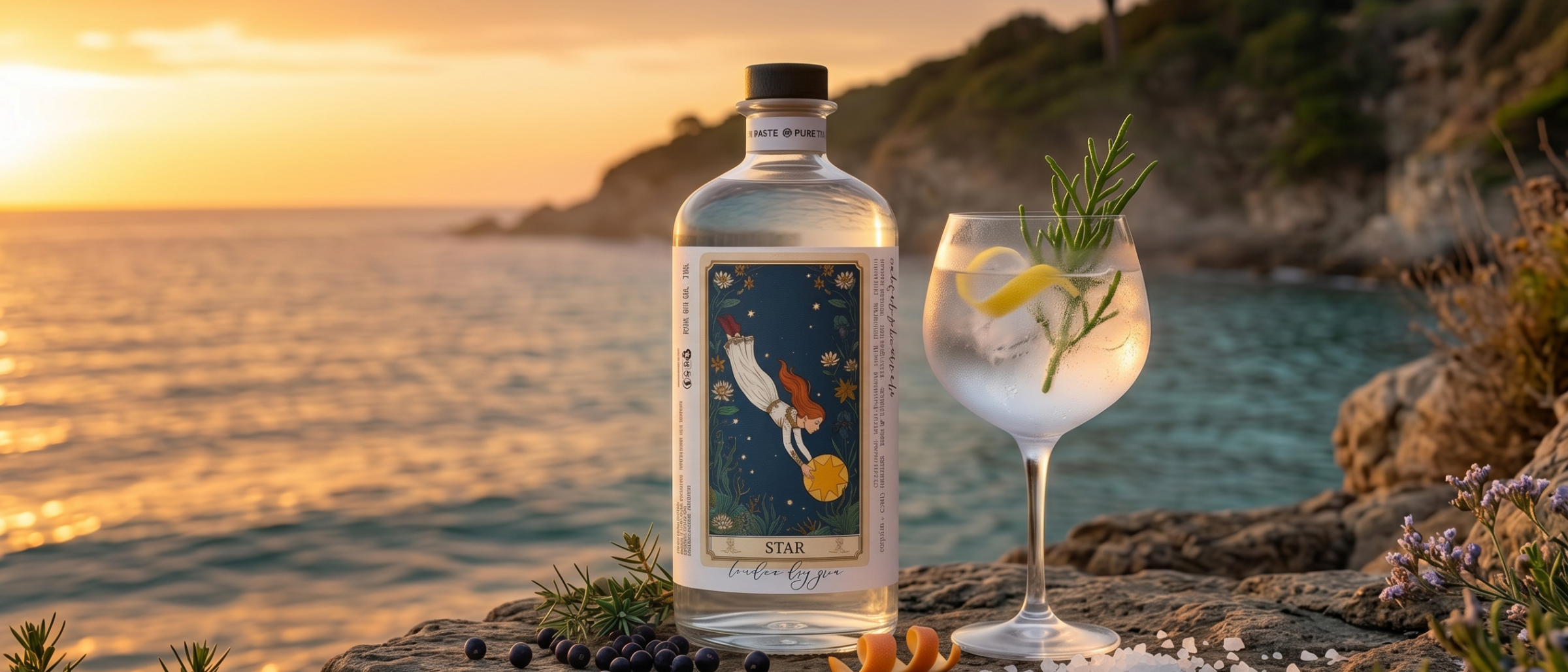 Star London Dry Gin con paesaggio marino al tramonto